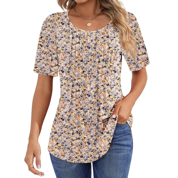 Blouses for Women Pleated Short Sleeve Tunic Tops Dressy Casual Summer Shirts