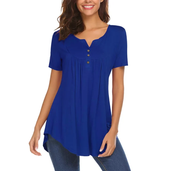 V Neck Henley Shirts for Women Short Sleeve Pleated Tunic Tops Causal Button Up Blouse