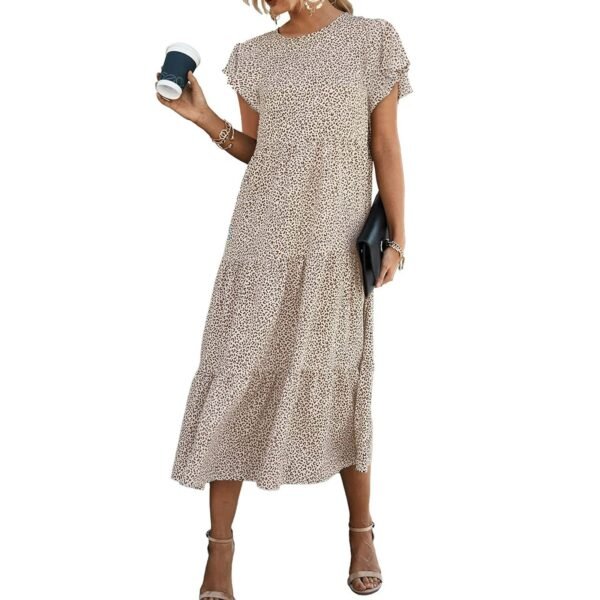Women Summer Casual Boho Dress Floral Print Ruffle Sleeve Midi Beach Dresses