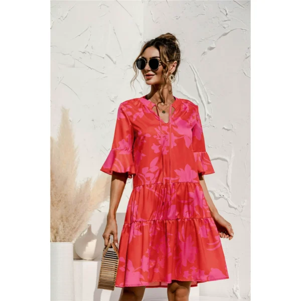 Summer Dress V-Neck Short Sleeve Babydoll Ruffles Casual - Red
