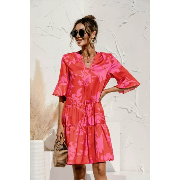 Summer Dress V-Neck Short Sleeve Babydoll Ruffles Casual - Red - Image 3