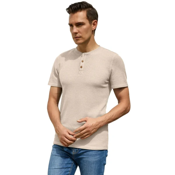Short Sleeve Waffle Henley T-Shirt Summer Casual Tee For Men - Image 4