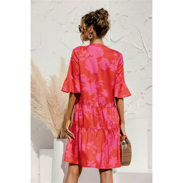 Summer Dress V-Neck Short Sleeve Babydoll Ruffles Casual - Red - Image 4